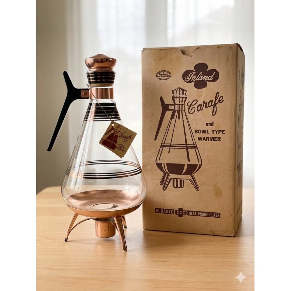 Vintage Inland Glass 14" Atomic Coffee Carafe Warmer Stand MCM Original Box Tag